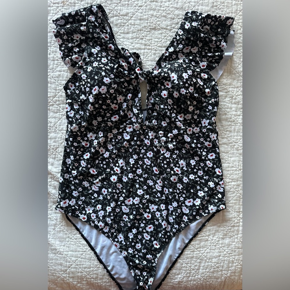 Black Floral Ruffle Swimsuit